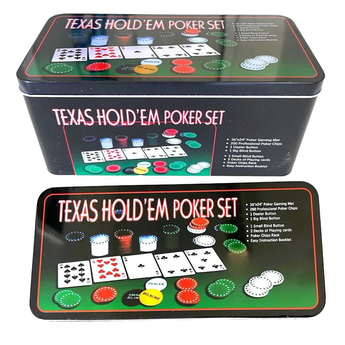 Texas Hold'em poker set in a tin box with playing cards, chips, and other components. 