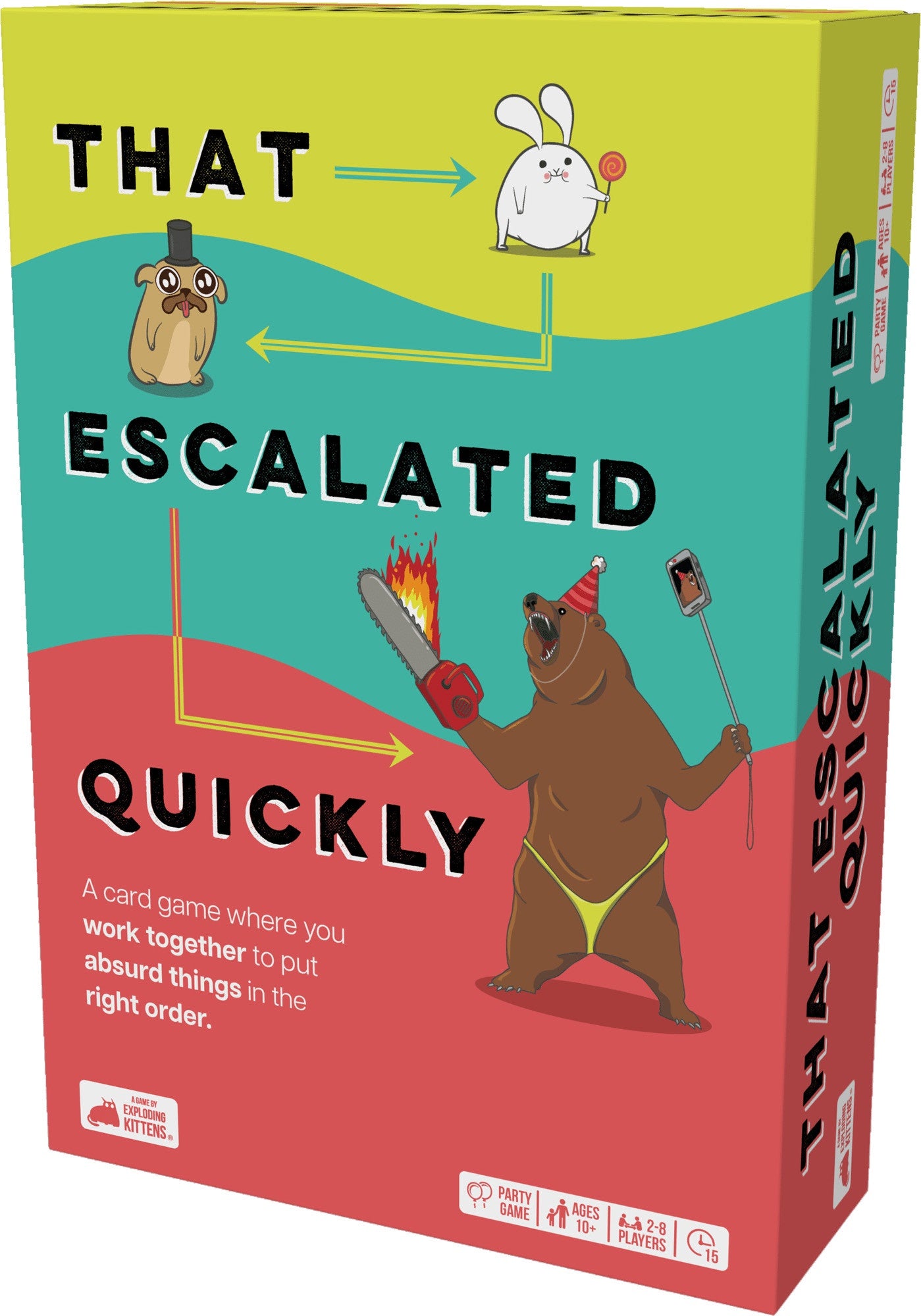 The image shows the packaging of the card game 'That Escalated Quickly' by Exploding Kittens. The box features colorful illustrations of a bear and a rabbit with the game's title and description.