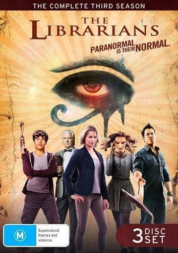 DVD cover of 'The Librarians' with characters and eye design on a brown background
