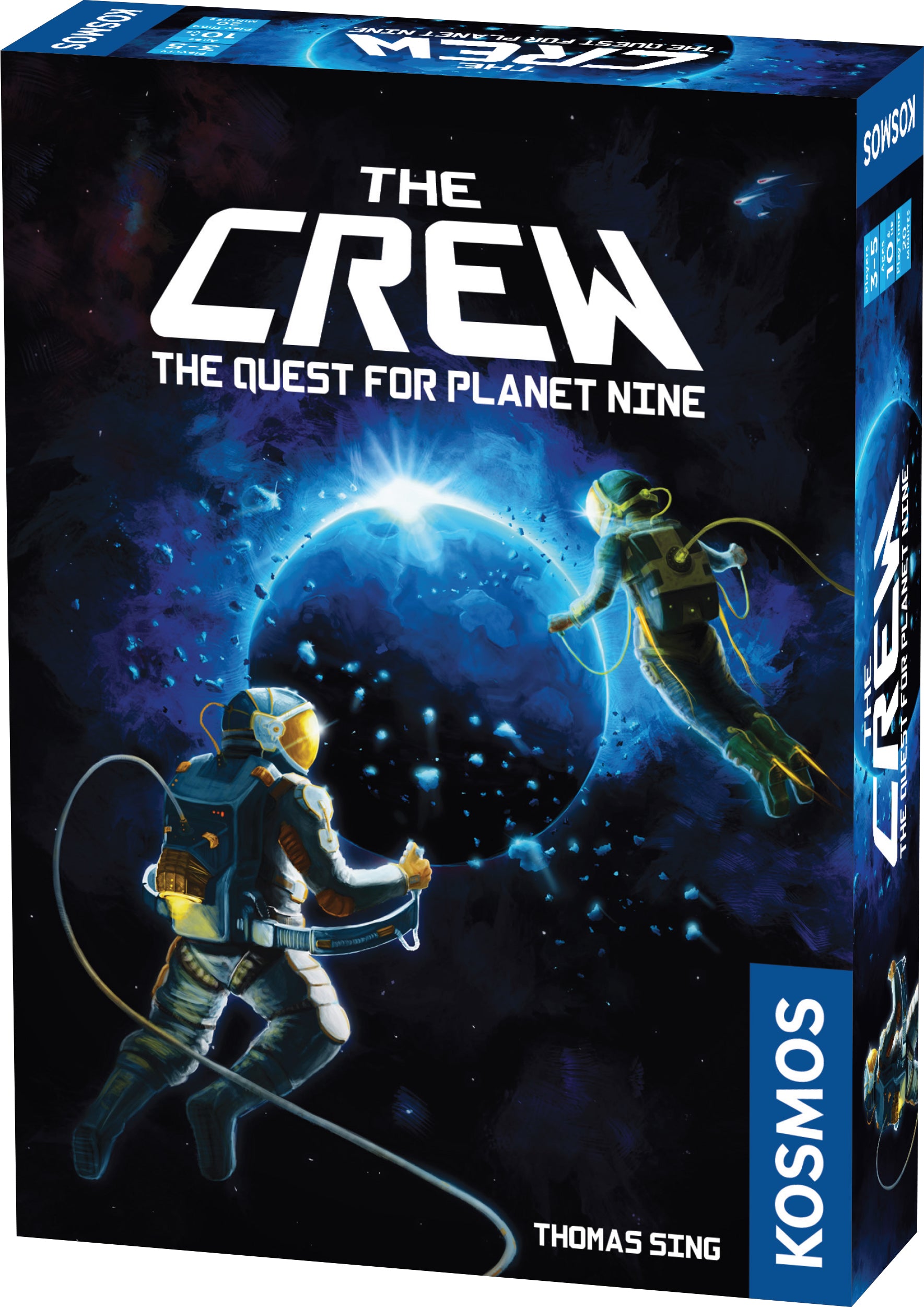 Box cover for the board game 'The Crew: The Quest for Planet Nine', featuring an image of astronauts in space suits against a cosmic backdrop with a black hole and a planet.