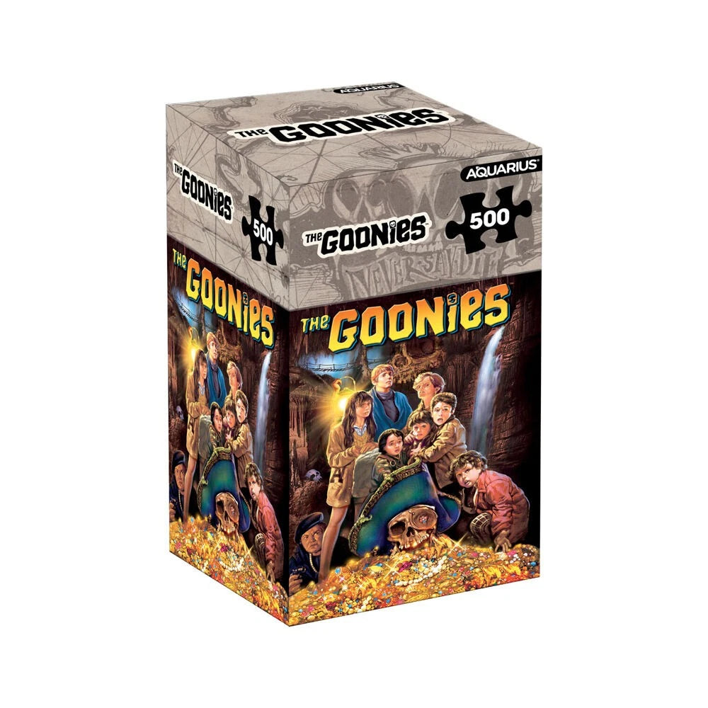 Goonies puzzle box with characters and text on a white background