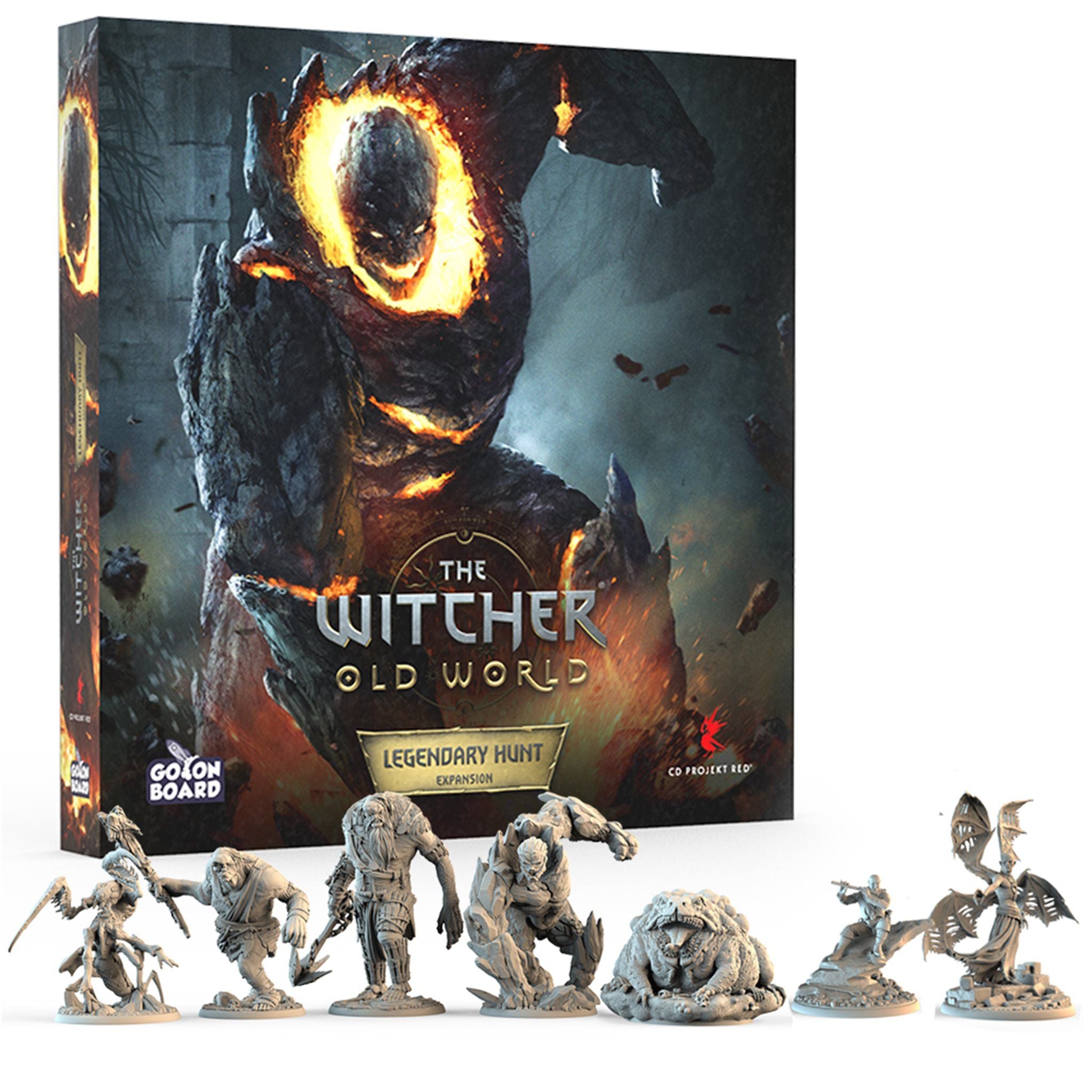 The Witcher Old World Legendary Hunt Expansion. An Image of the Legendary Hunt expansion cover, featuring a giant rock creature with a head on fire. 