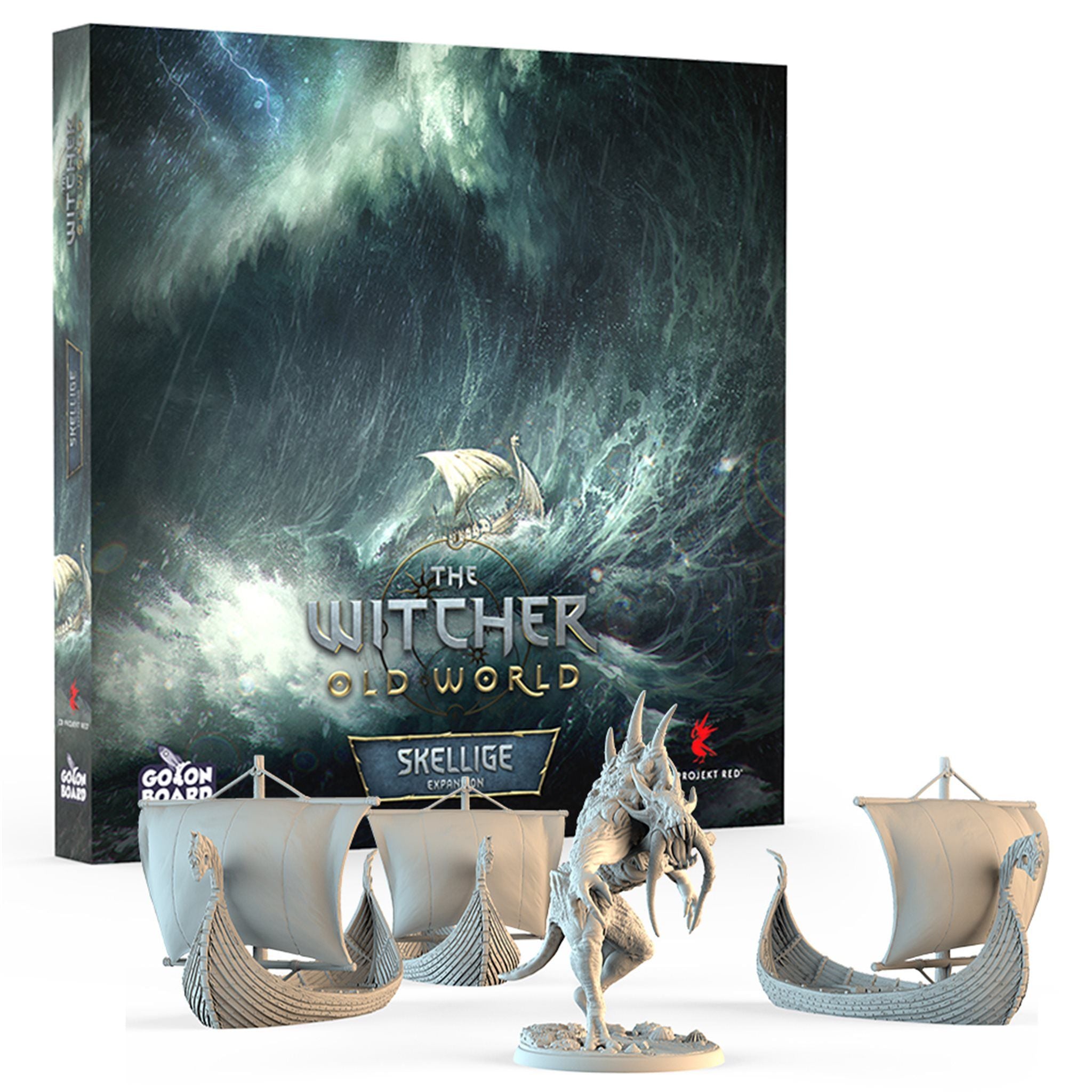 The Witcher Old World Skellige Expansion. The Skellige expansion cover featuring a Viking boat lost at sea, with a white backdrop. 