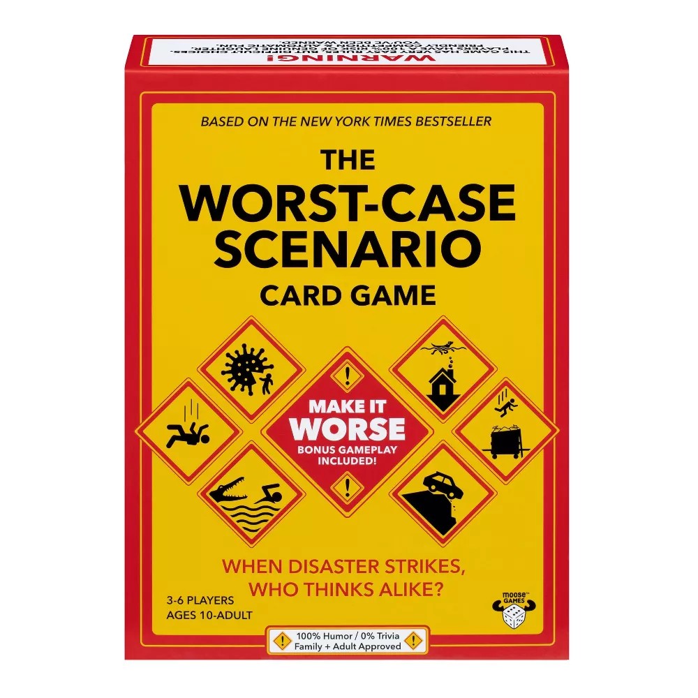 The Worst-Case Scenario Card Game box shown against a plain white background. The packaging is bright yellow with bold black title text and red border accents, plus hazard-style icons and a central red-and-white 'Make It Worse Bonus Gameplay Included!' badge.