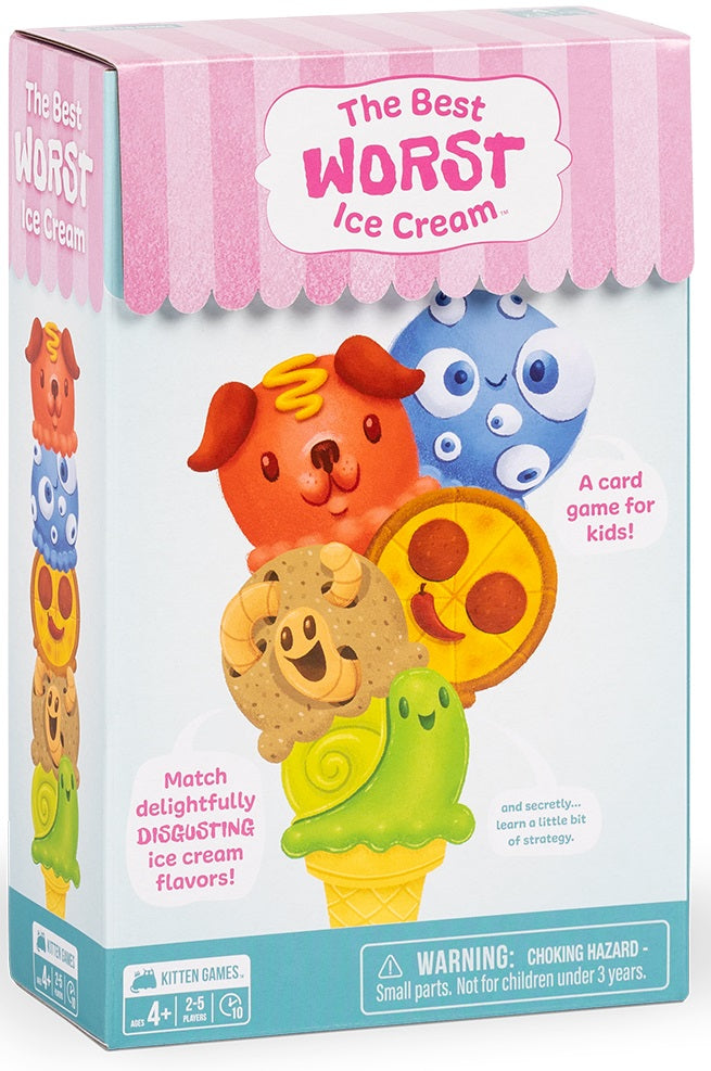 Card game packaging for 'The Best Worst Ice Cream' with colorful ice cream cone characters on a white background.