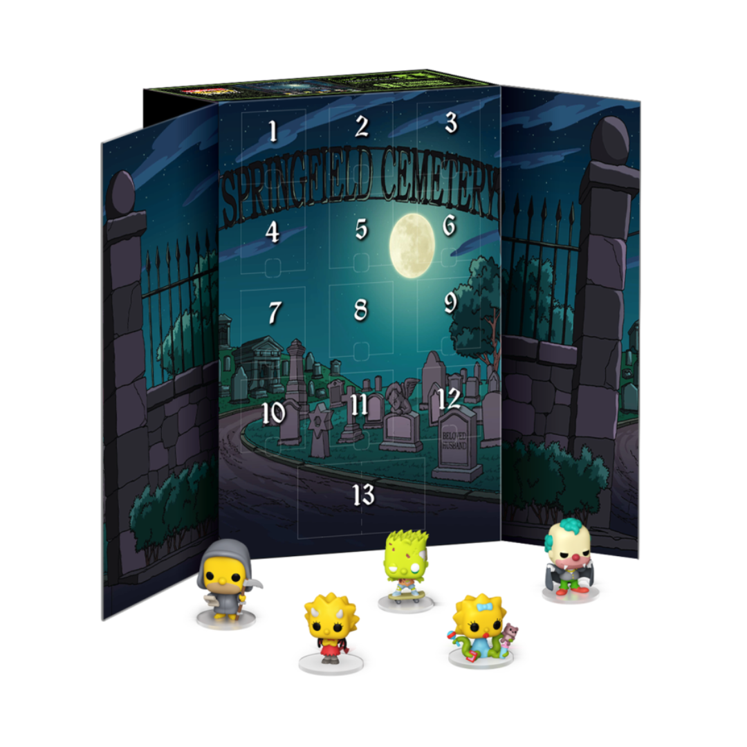 Funko Pop! figures in front of a 'Springfield Cemetery' display with numbered slots.