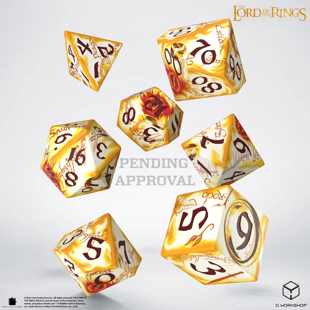 Set of 'The Lord of the Rings' themed dice with gold and white design on a light gray background.