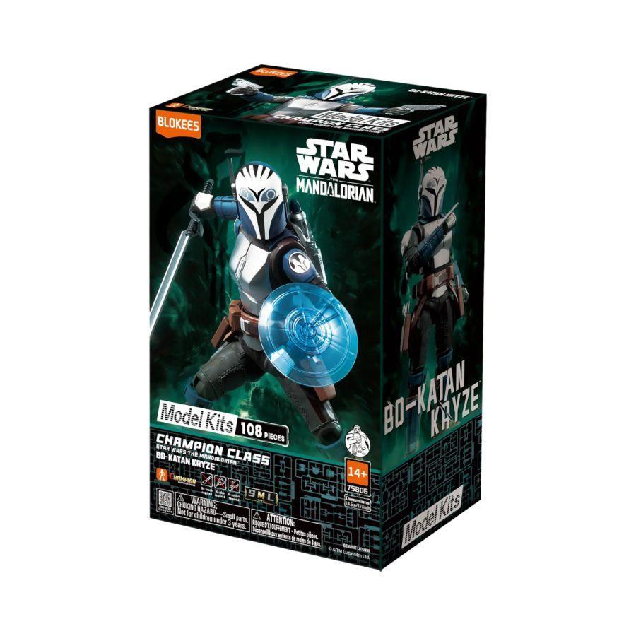 Blokees branded packaging with finished model image on cover. Bo-Katan Figure is armed with darksaber and shield. 