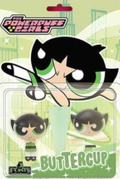 Powerpuffs collaboration packaging with green background and plastic blister containing Buttercup.