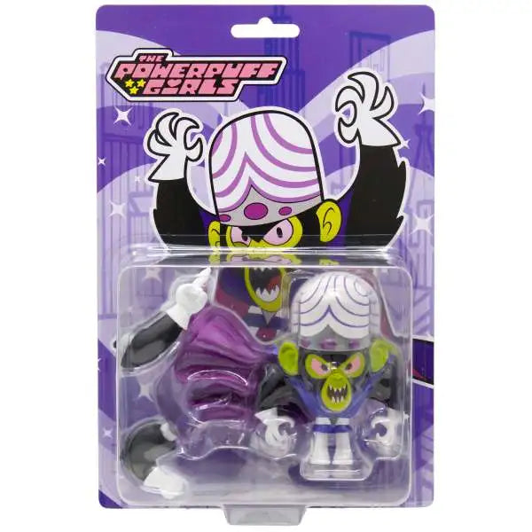 Purple powerpuff girls branded blister packaging. Inside box is green Mojo jojo figure, with purple cape and changeable arms.