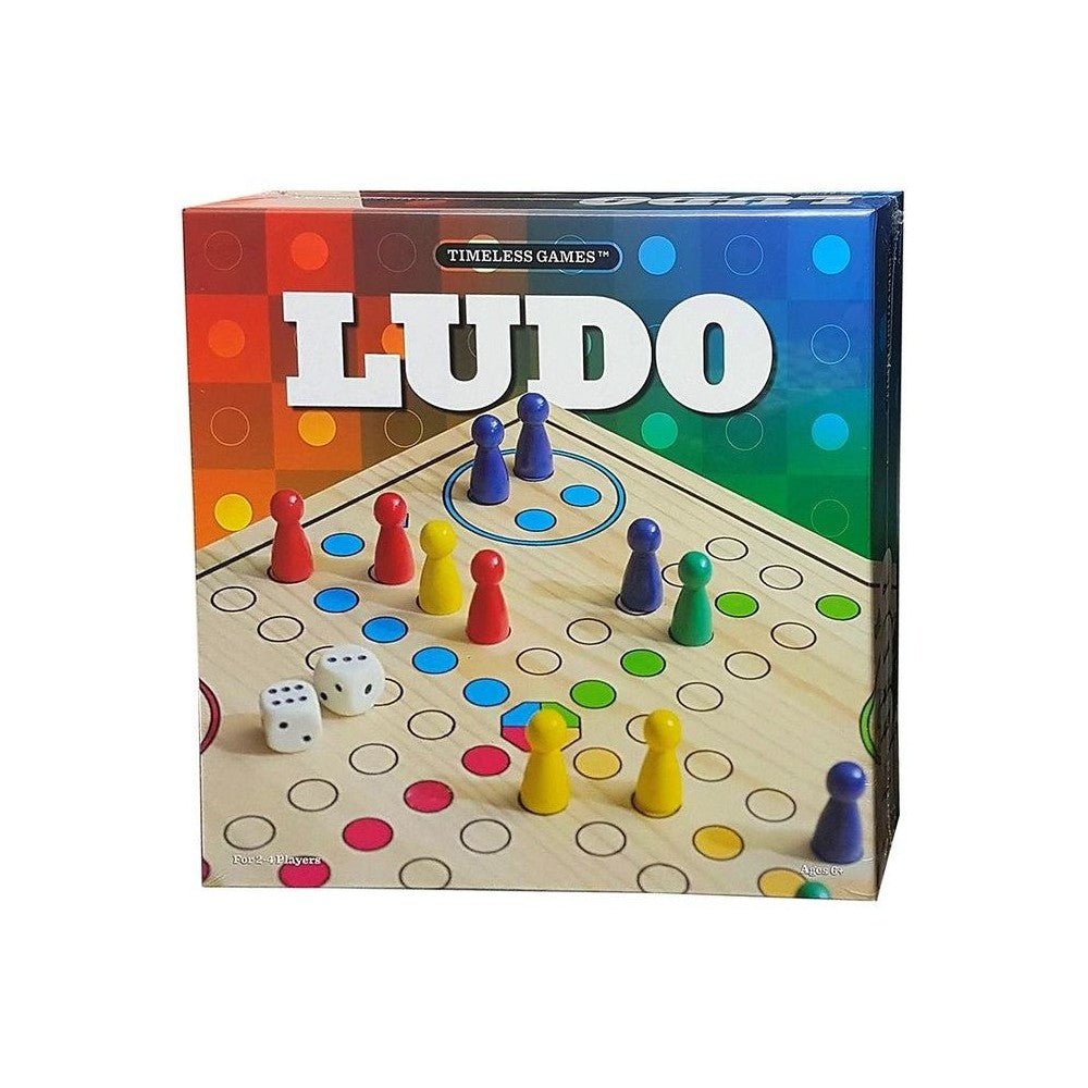 Ludo board game box with colorful pieces and dice on a white background
