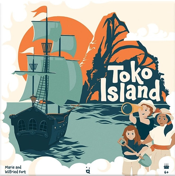 Cover of 'Toko Island' with a ship, mountains, and characters on a beige background