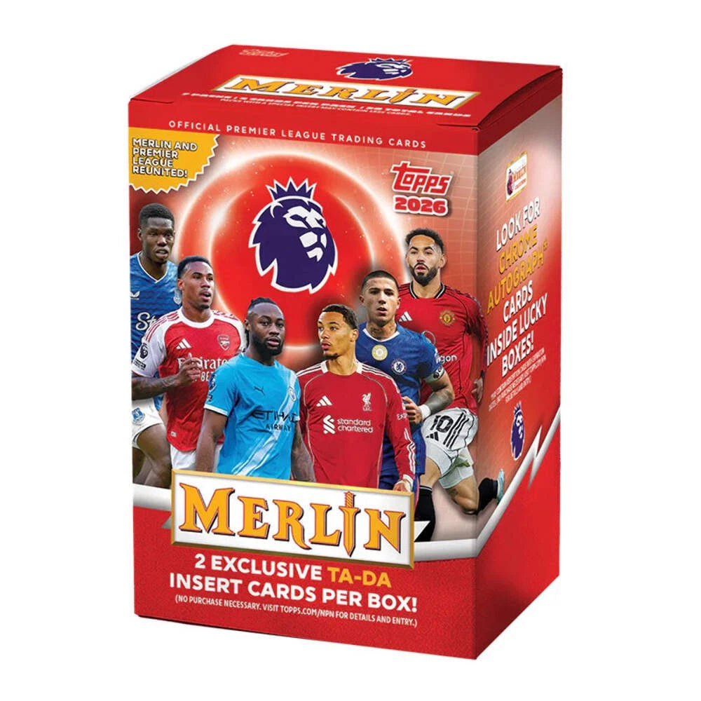 Topps 2026 Merlin Official Premier League Trading Cards insert box, featuring a red box with player photos of football stars and the Premier League logo.