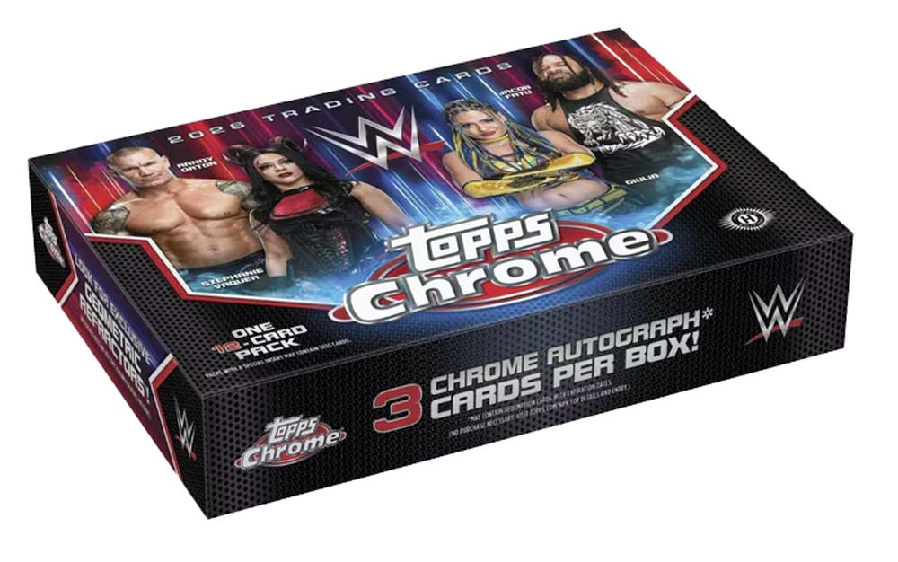 WWE Topps Chrome trading card box with images of wrestlers on a white background