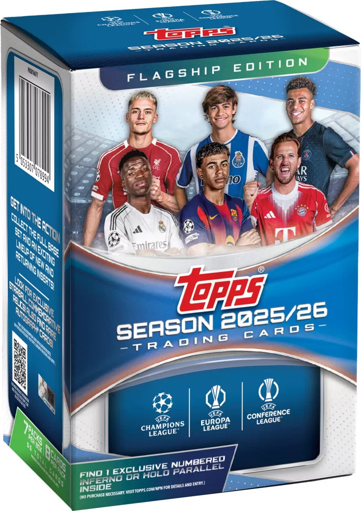 Topps trading card packaging for the 2025/26 season with player images on a blue and white background.