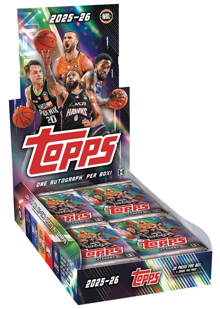 Topps branded packaging with basketballers, red font and NBL branding. 