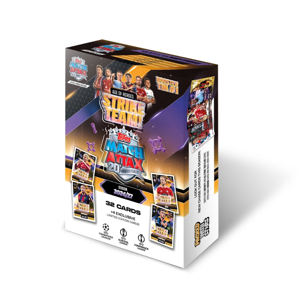 A 2024 Maestri Axxis 1st Legenda Striker Team booster box for soccer trading cards, featuring a white, black, and purple design with player images and card previews.