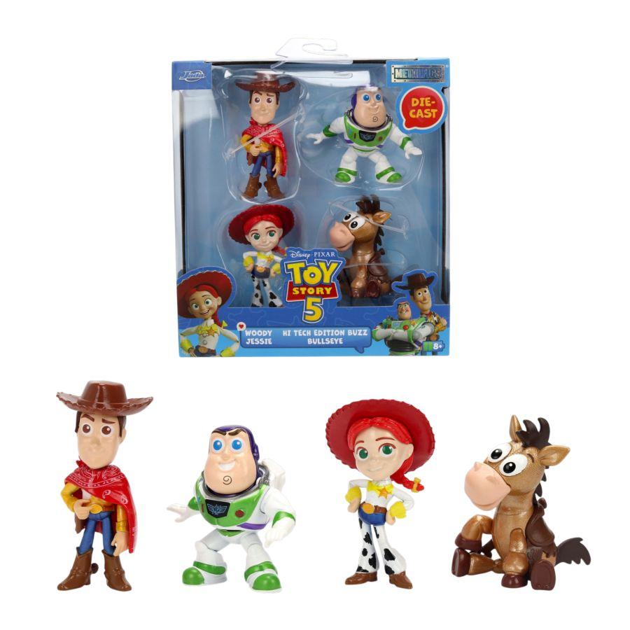 Blue Jada Metalfigs branded packaging with clear window. Inside box is 4 metal Toy Story figures, Woody, Buzz, Jessie and Bullseye. 