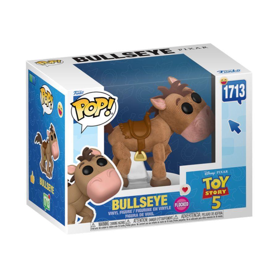 Funko branded packaging with clear window. Inside box is a flocked Bullseye figure with a light brown corduroy pattern. 