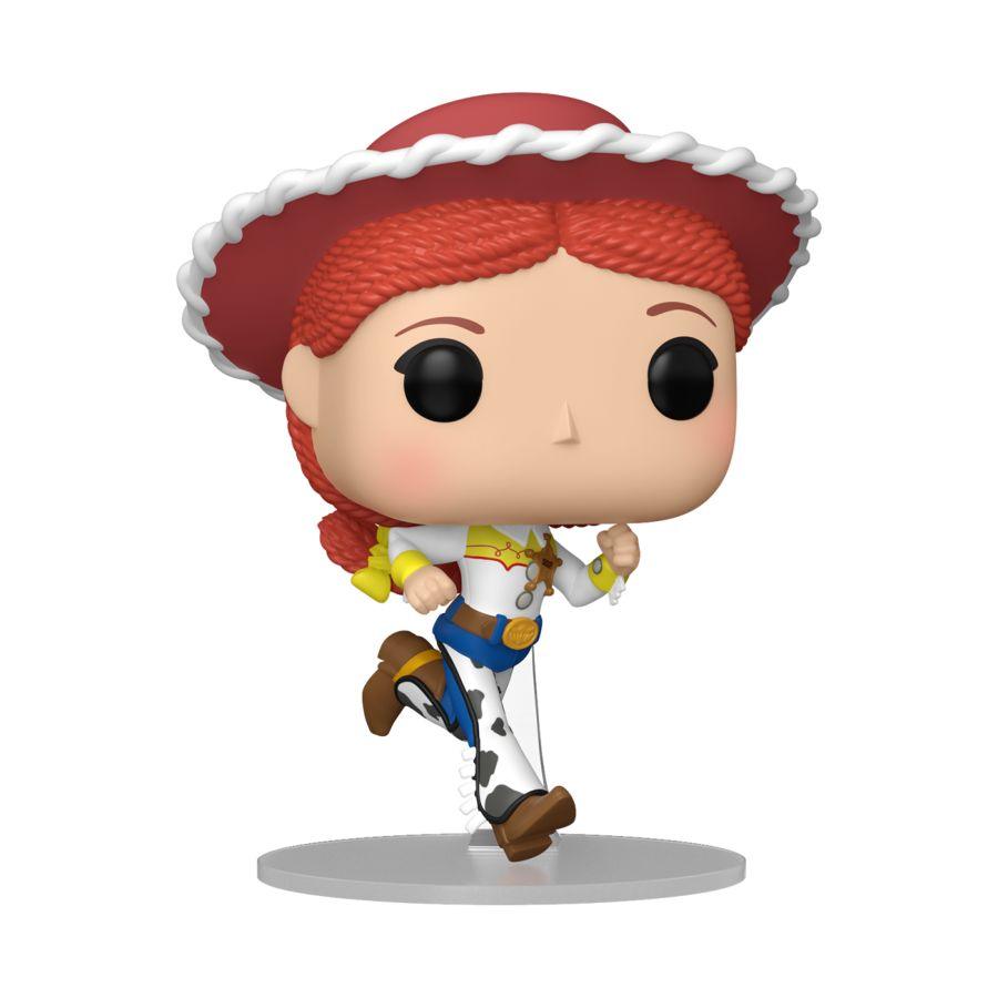 Funko branded packaging with clear window. Inside box is Jessie figure with red hat, cow print slacks, sheriffs badge and brown boots. 