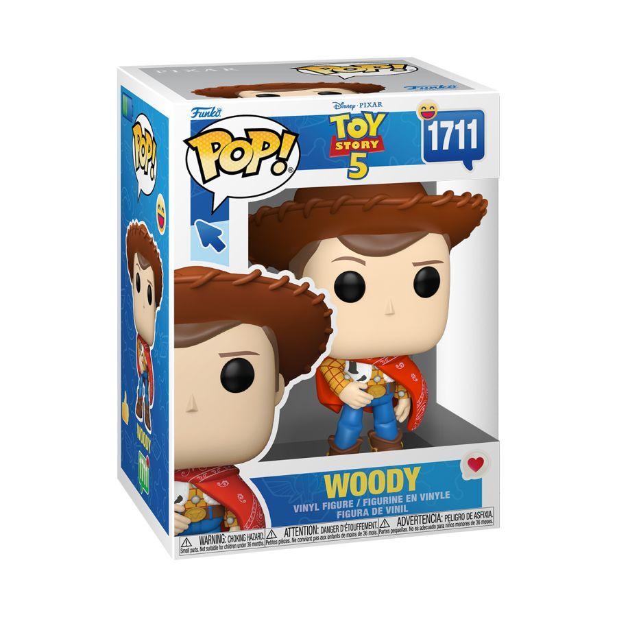 Funko branded packaging with clear window. Inside box is Woody figurine with red bandana, cowboy hat and signature boots. 