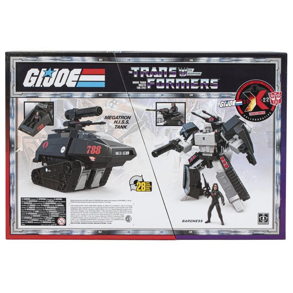 G.I. Joe and Transformers toy packaging featuring Megatron tank and Baroness figure.
