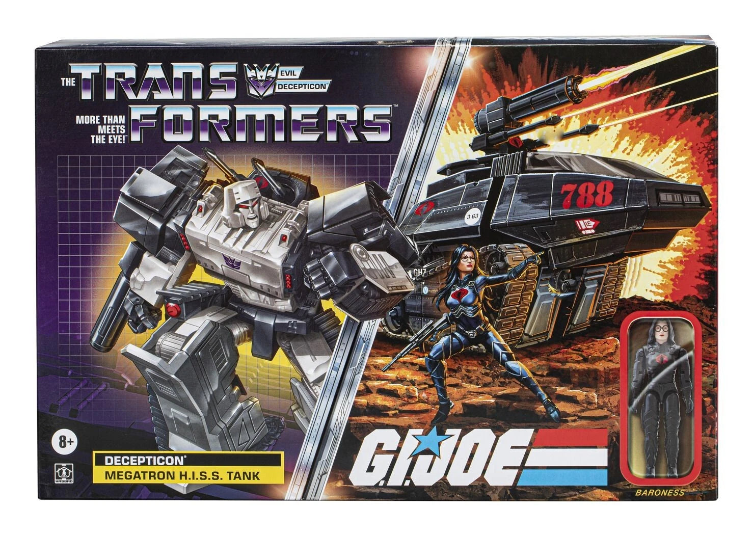 Transformers and G.I. Joe toy set packaging with Megatron and Baroness figures.