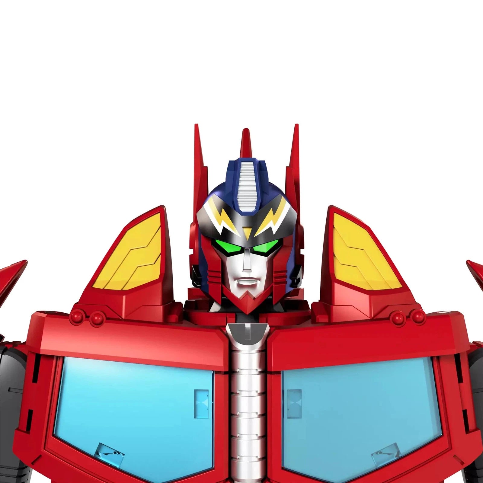 Red and blue robot toy with a white face on a white background