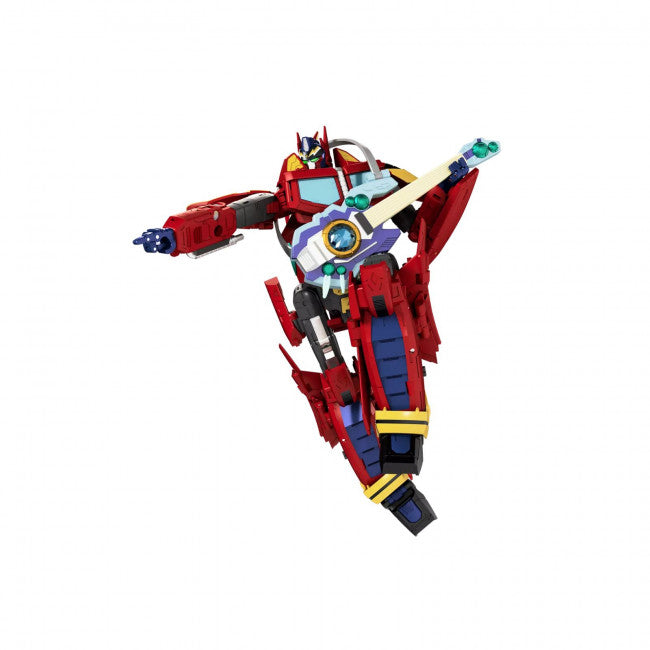 Toy robot with red, blue, and yellow colors on a white background
