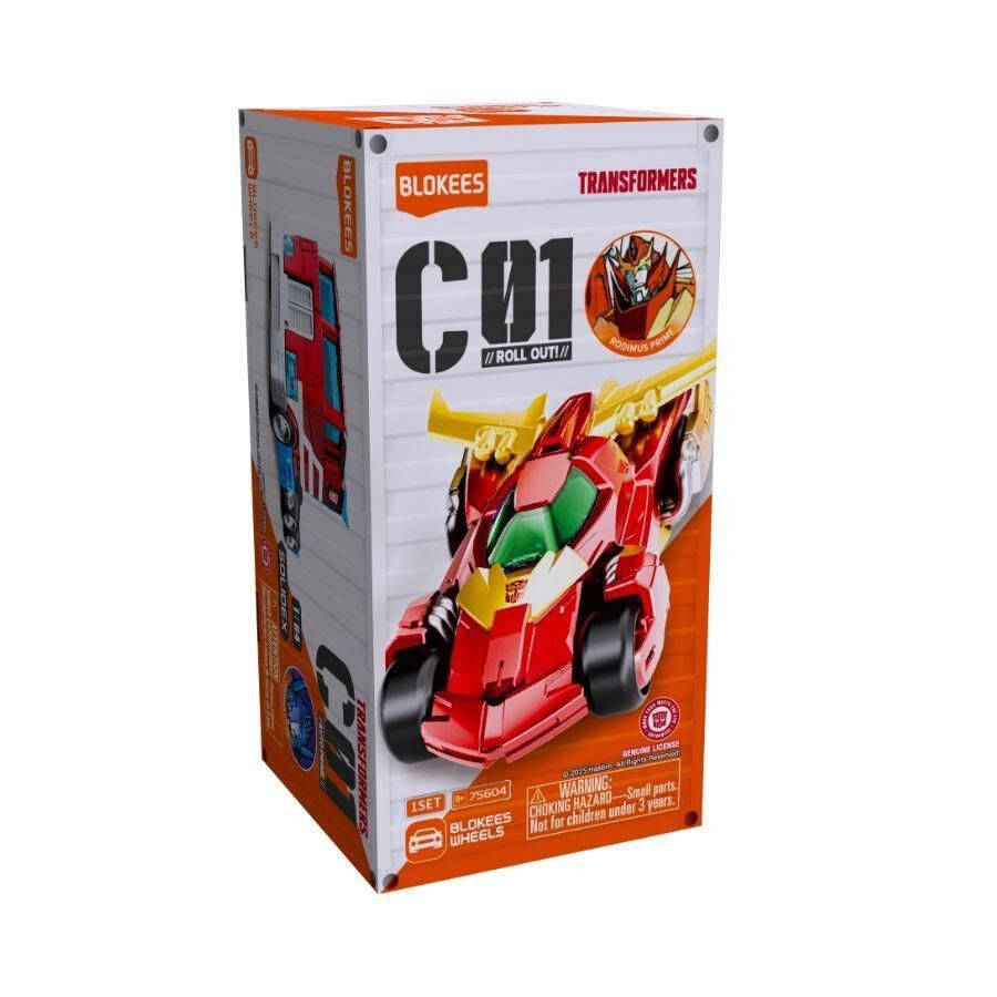 Transformers mystery toy box with red and yellow robot figure on a white background