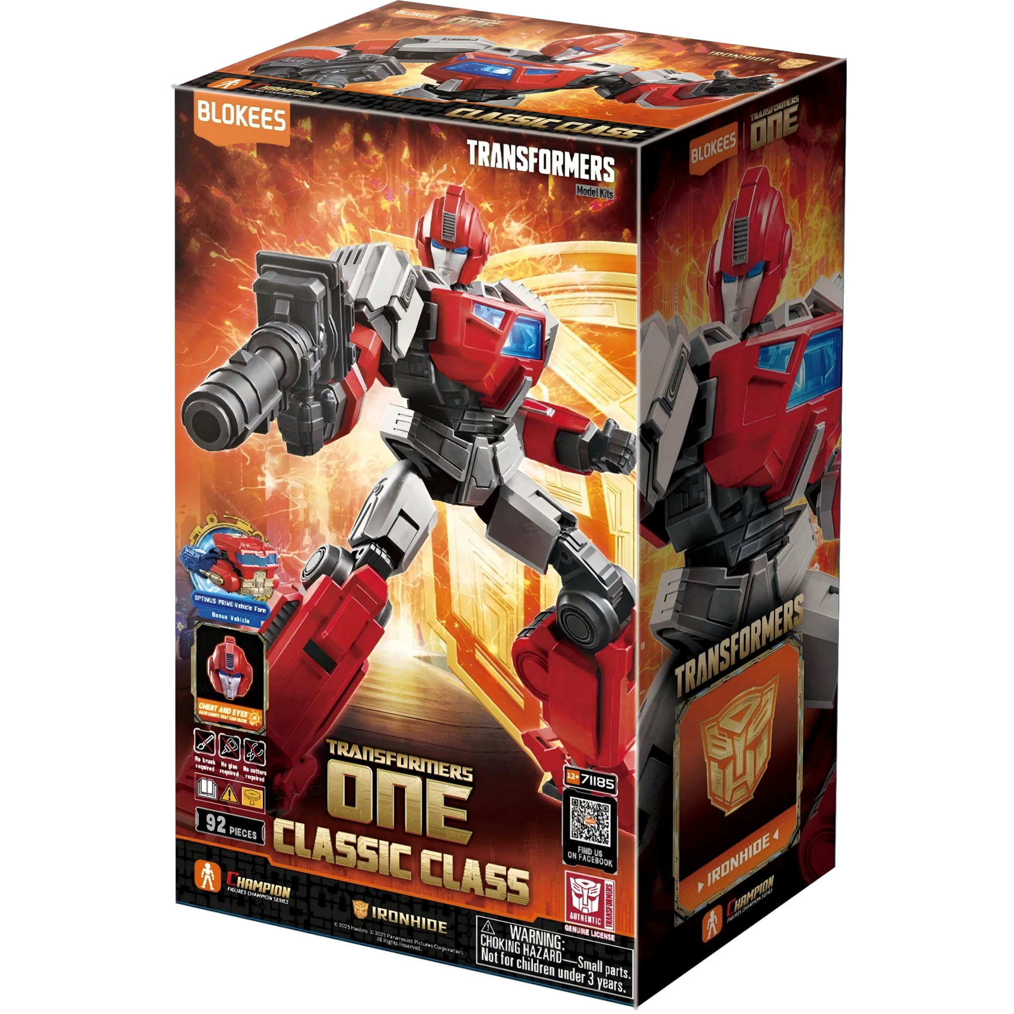 Blokees branded packaging with completed Ironhide model on box cover. 