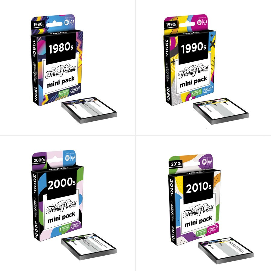 Four packaging boxes labeled '1980s', '1990s', '2000s', and '2010s' with a small card in each box.