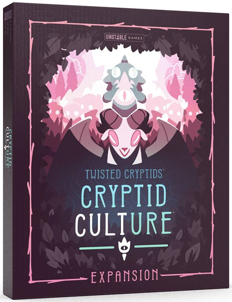 Box for 'Twisted Cryptids: Cryptid Culture Expansion' with a stylized cryptid design on a dark background.