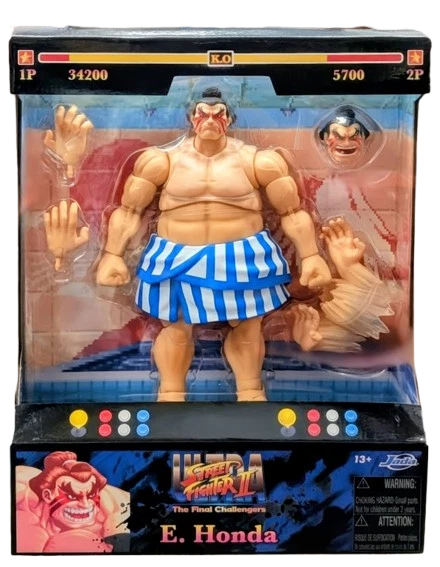 Action figure packaging featuring a character in a blue and white striped skirt with a colorful background.
