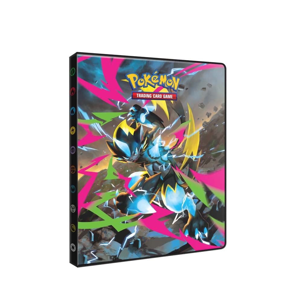 Pink,Yellow, green and blue Pokemon branded packaging with lightning in background