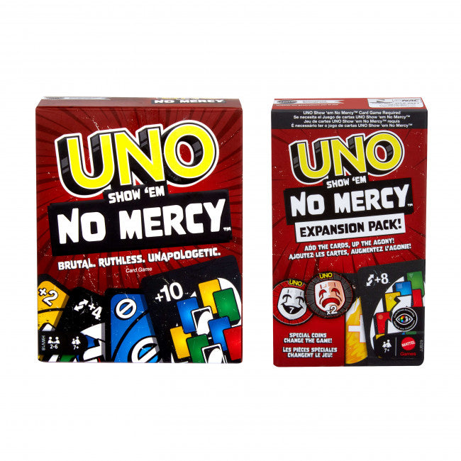 Two UNO Show 'Em No Mercy card game boxes on a white background
