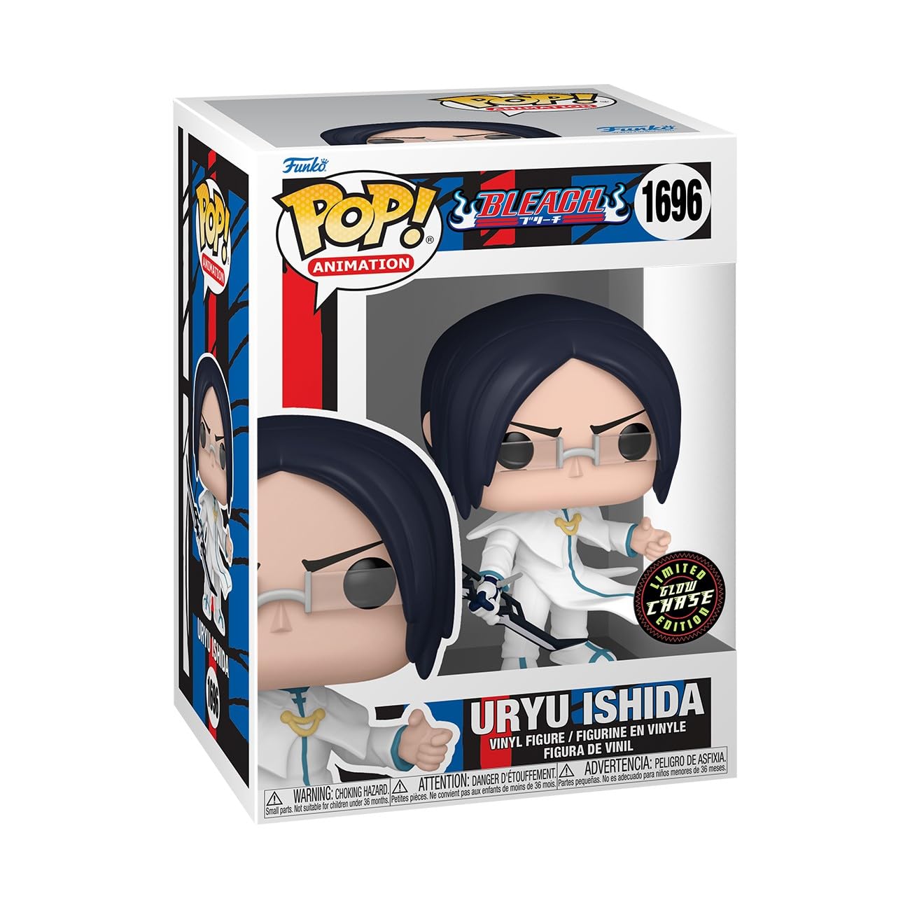 Funko Branded Packaging with clear window. Figure inside is Uryu Ishida with glow in the dark gown. 