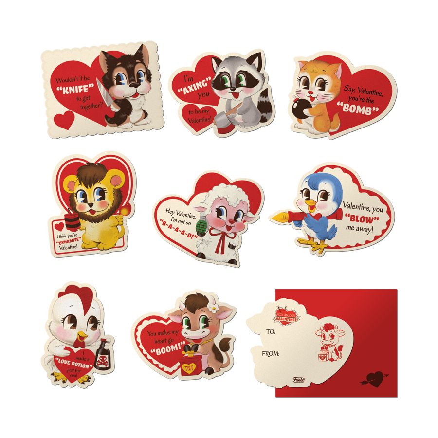 Collection of cartoon animal Valentine's Day cards on a white background. Villainous Valentines Valentine's Day Cards 8-Pack.