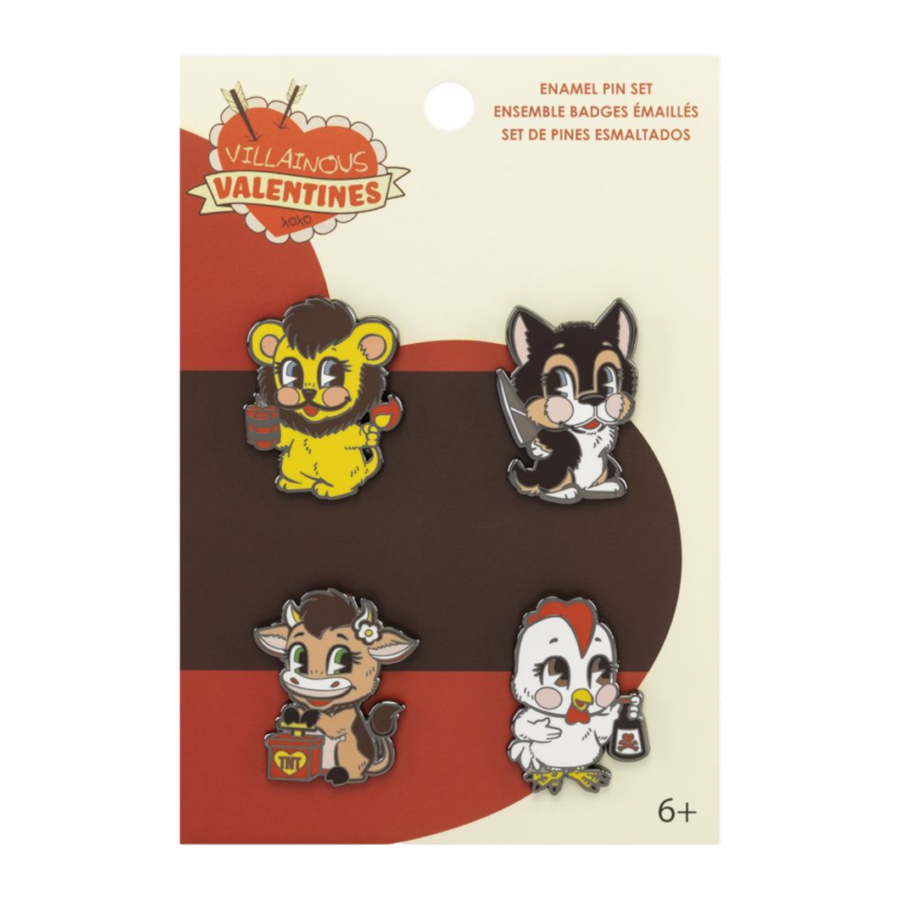 Set of four cartoon character pins on a 'Villainous Valentines' packaging. Villainous Valentines - Enamel Pin 4-Pack