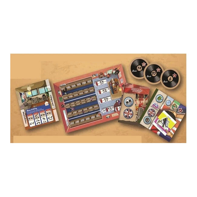 Collection of board game components on a wooden surface