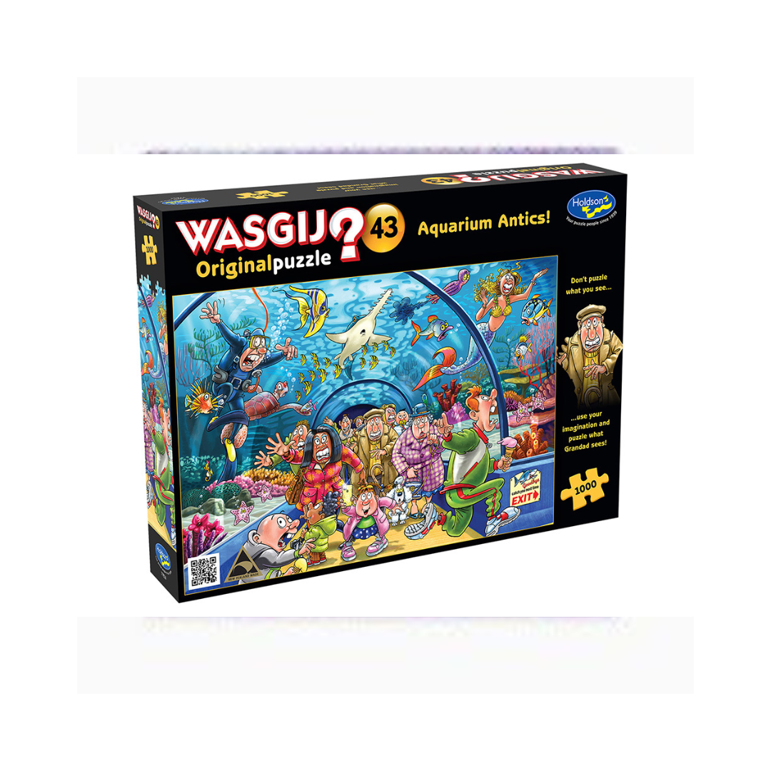 Wasgij Aquarium Antics puzzle box with colorful design on a white background