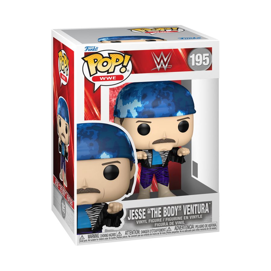 Jesse Ventura Pop! Vinyl, with blue camo head wrap and violet zebra print pants. WWE - Jesse "The Body" Ventura Pop! Vinyl