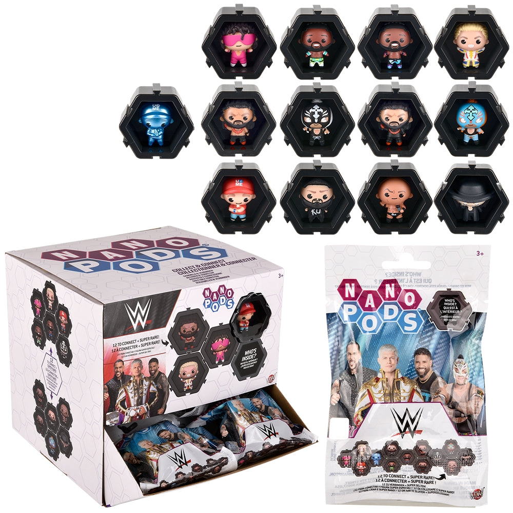 WWE Nanopods with WWE branded packaging. Inside pod is a mystery mini WWE figure. 