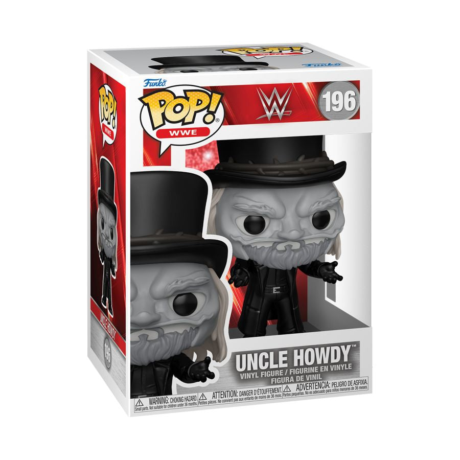 Black and white themed Uncle Howdy Pop! Vinyl, with top hat and leather coat. WWE - Uncle Howdy Pop! Vinyl.