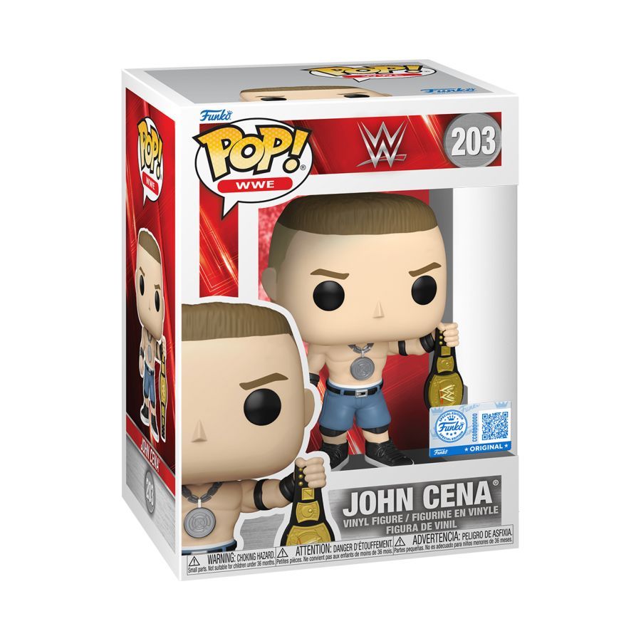 John Cena Action figure with belt and silver token chain. WWE – John Cena with Spinner Belt Pop! Vinyl.