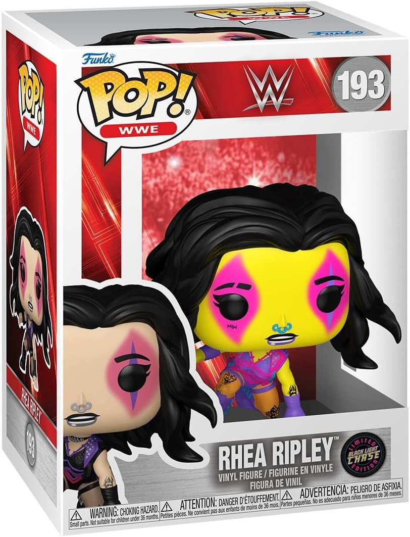 Blacklight Rhea Ripley Chase Pop! Vinyl, with neon yellow and pink accents.