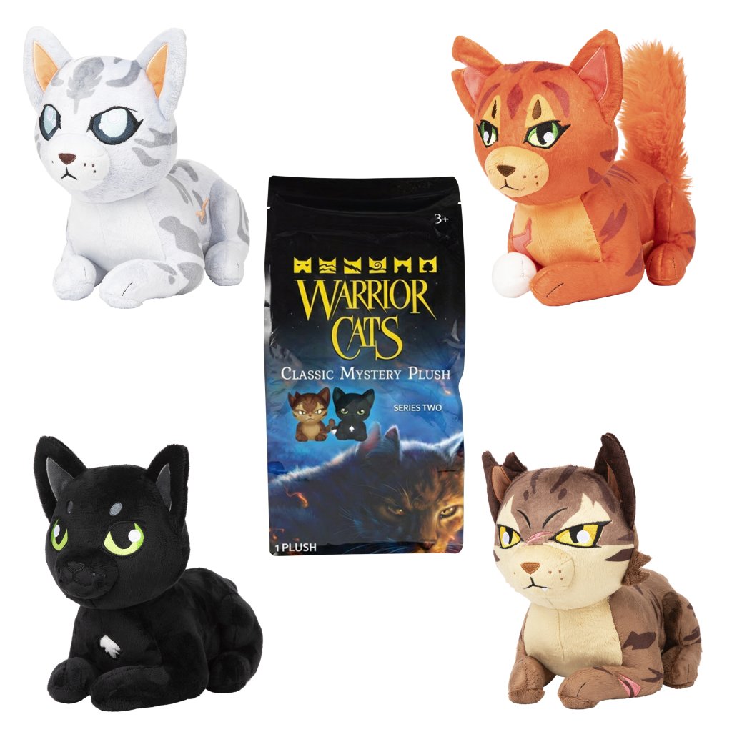 Warrior Cats branded packaging with 4 cats surrounding it on a white background.
