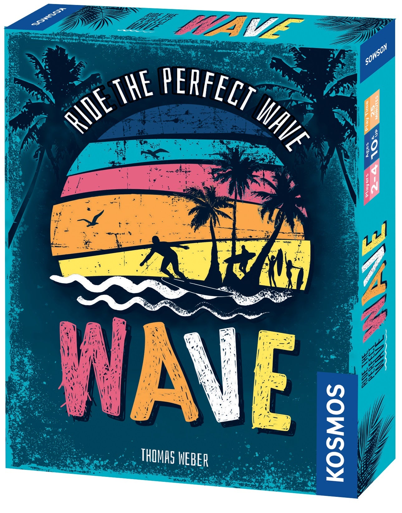 Kosmos branded packaging with colourful writing, shadowy palms and surfer. 