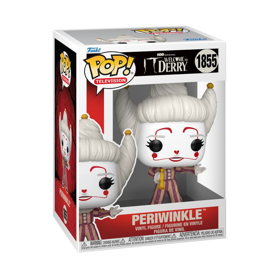 Funko Pop! Periwinkle figure packaging with 'Welcome to Derry' branding.