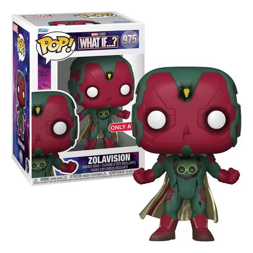 Image contains, Marvel Character Vision next to Funko packaging. What If - ZolaVision US Exclusive Pop! Vinyl.